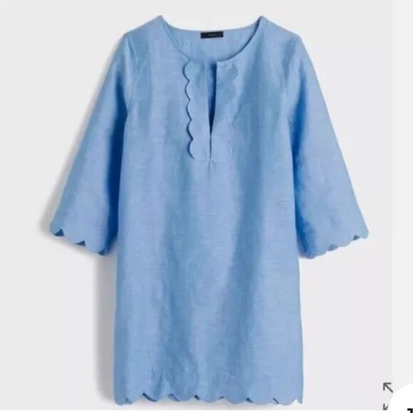 J. Crew Blue Linen Cotton Scalloped Tunic Top / Mini Sheath Dress - Picture 1 of 15